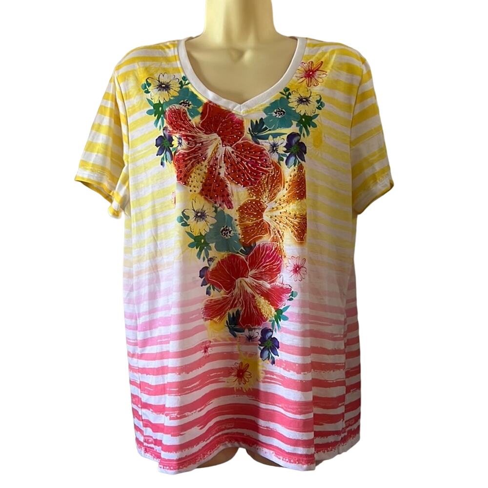 White Stag Size XXL Striped & Floral Print Knit Top with Embellishments Colorful